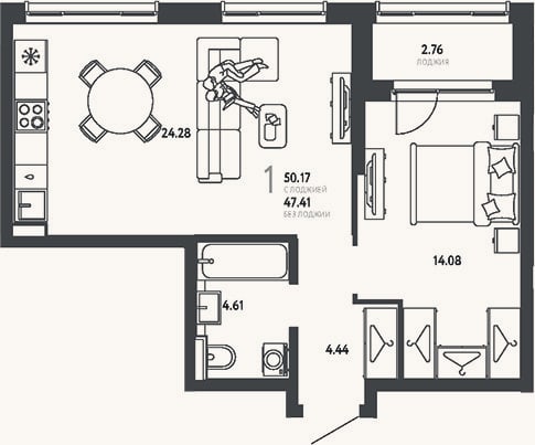 Планировка: 1-к, 47,4 м²