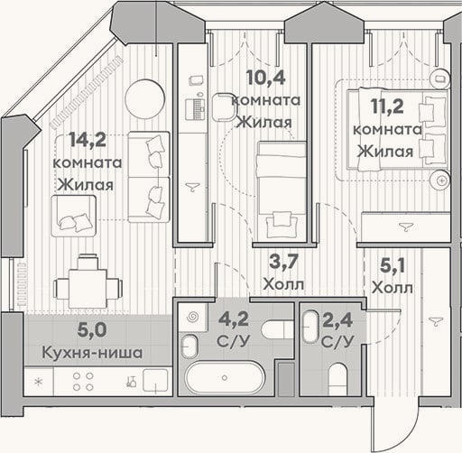 Планировка: 3-к, 56,2 м²