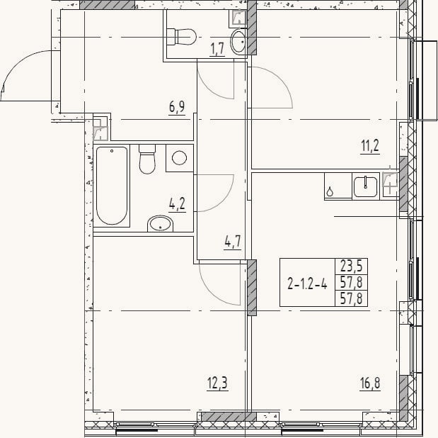 Планировка: 3-к, 57,8 м²