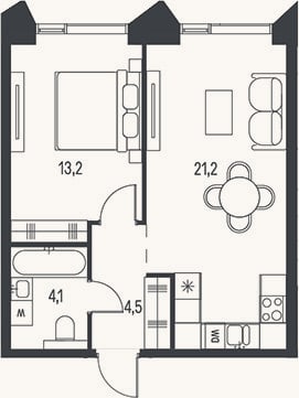 Планировка: 2-к, 43 м²