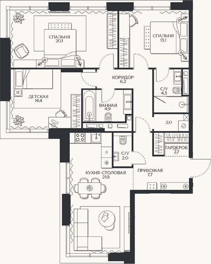Планировка: 4+ к, 99,2 м²