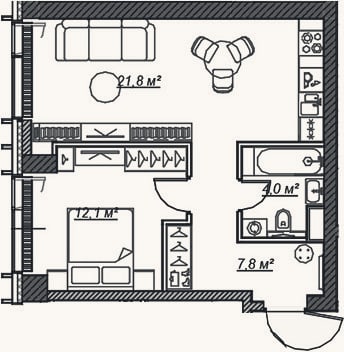Планировка: 2-к, 45,8 м²