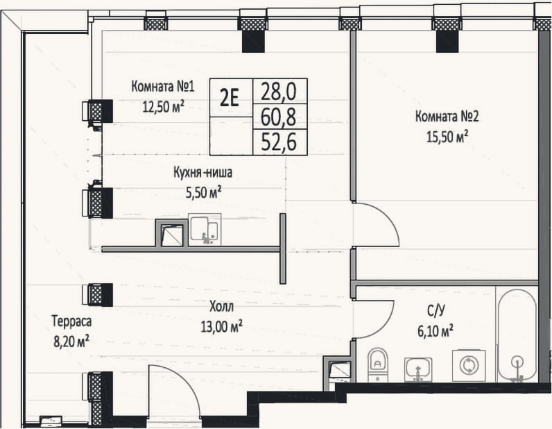 Планировка: 2-к, 52,6 м²