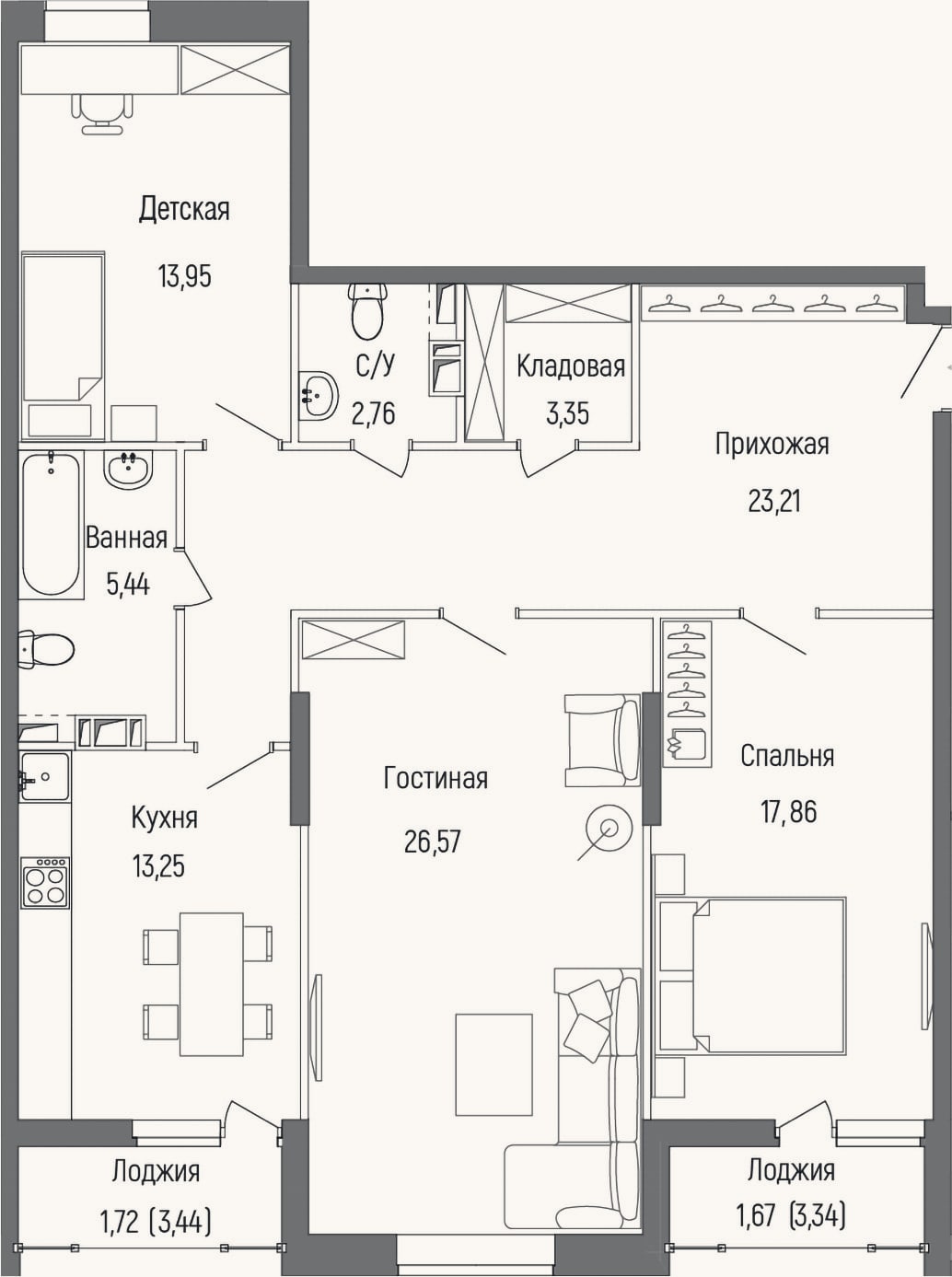 Планировка: 3-к, 106,4 м²