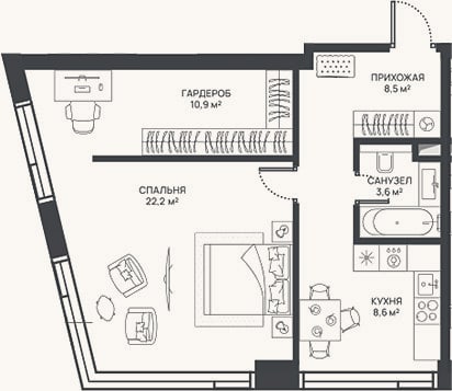 Планировка: 1-к, 53,8 м²