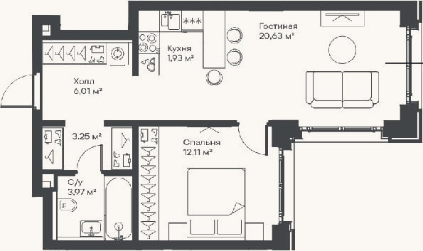 Планировка: 2-к, 47,9 м²