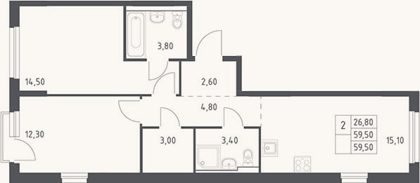 Планировка: 3-к, 59,5 м²