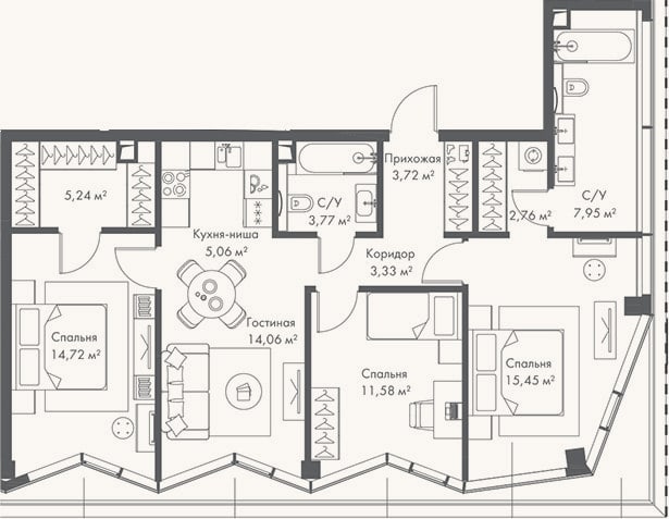 Планировка: 4+ к, 87,6 м²