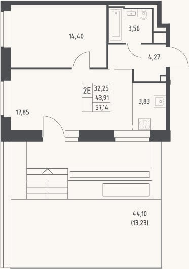 Планировка: 2-к, 43,9 м²
