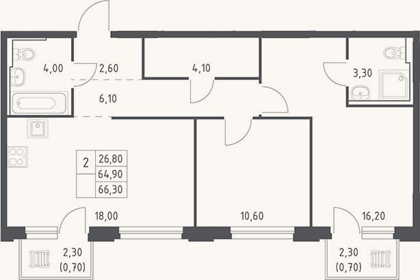 Планировка: 3-к, 64,9 м²