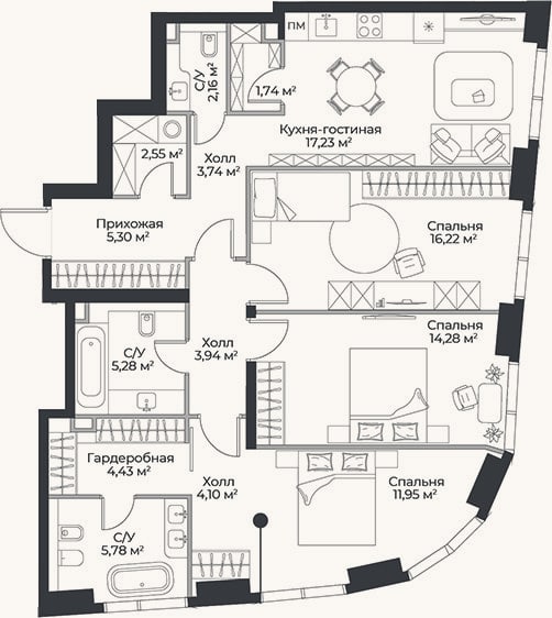 Планировка: 4+ к, 98,7 м²