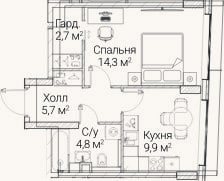 Планировка: 1-к, 37,4 м²