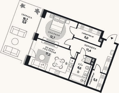 Планировка: 1-к, 56,1 м²