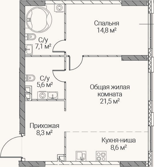 Планировка: 2-к, 65,9 м²