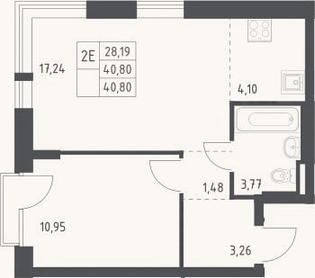 Планировка: 2-к, 40,8 м²