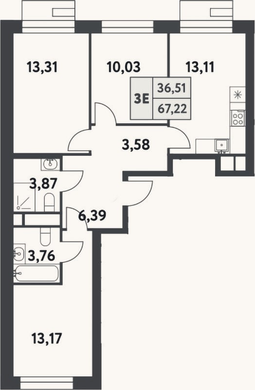 Планировка: 3-к, 67,2 м²