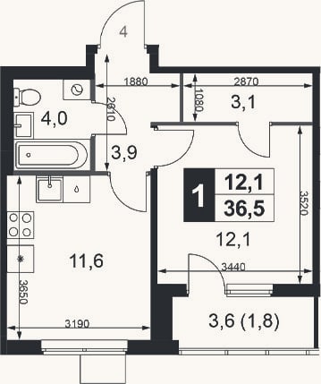Планировка: 1-к, 34,7 м²