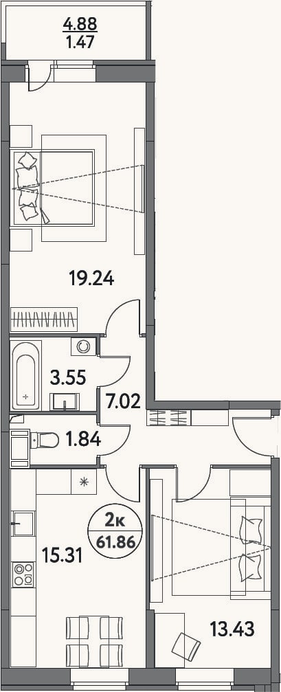Планировка: 3-к, 60,4 м²