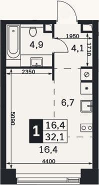 Планировка: Студия, 32,1 м²