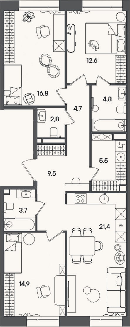 Планировка: 3-к, 96,7 м²