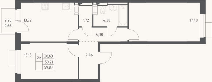 Планировка: 2-к, 59,2 м²