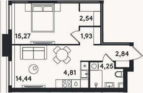 Планировка: 2-к, 46,1 м²