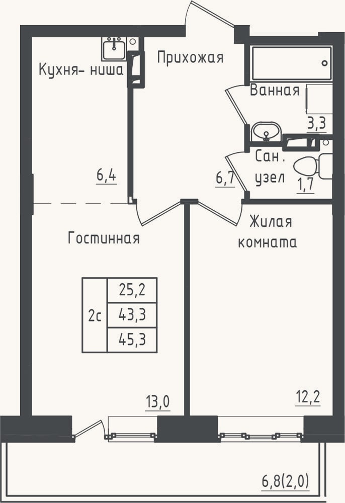 Планировка: 1-к, 43,3 м²