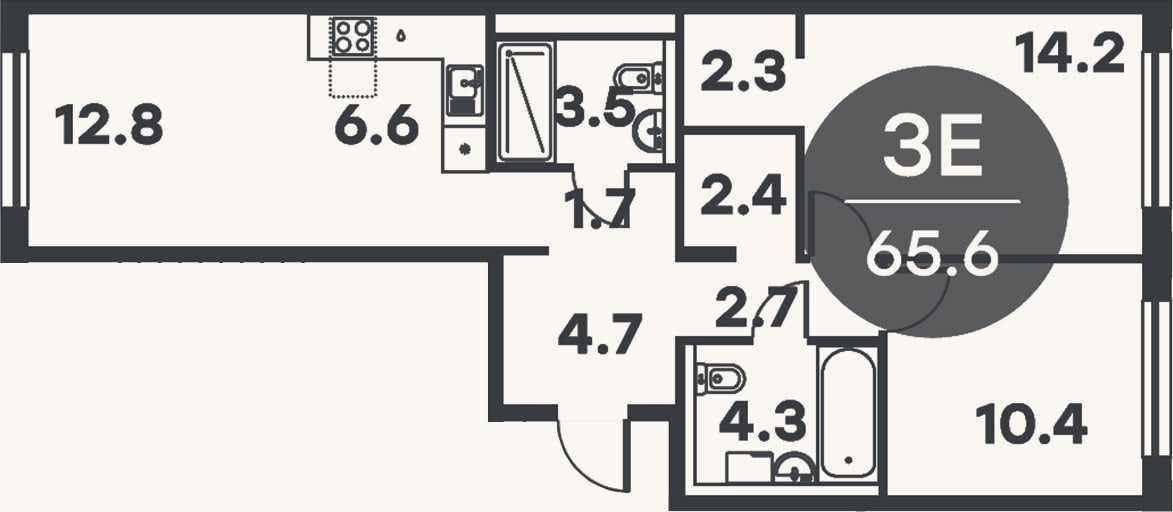 Планировка: 3-к, 65,6 м²