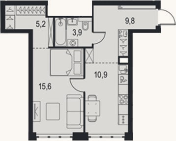 Планировка: 1-к, 45,4 м²
