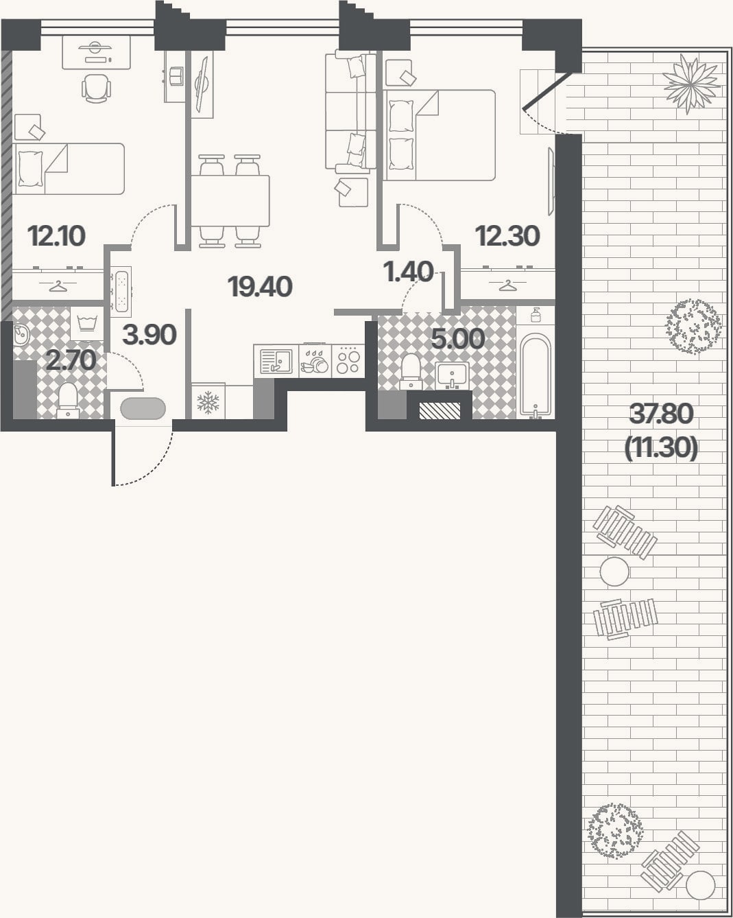 Планировка: 3-к, 56,8 м²