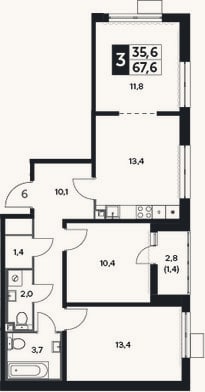 Планировка: 3-к, 67,2 м²
