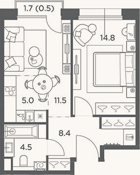 Планировка: 2-к, 44,2 м²