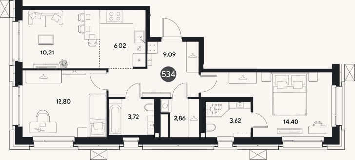 Планировка: 3-к, 62,7 м²