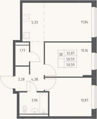 Планировка: 3-к, 50,6 м²