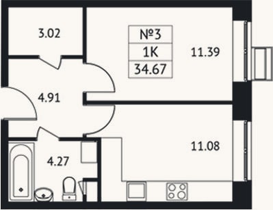 Планировка: 1-к, 34,7 м²