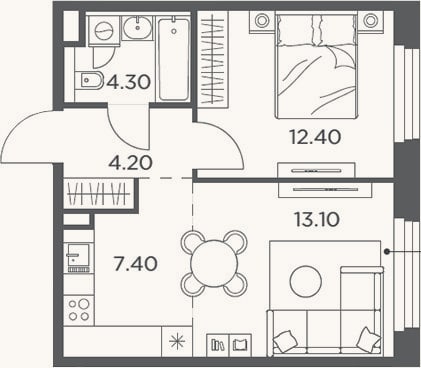 Планировка: 2-к, 41,4 м²