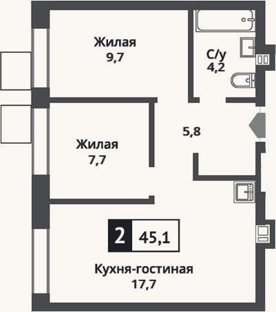Планировка: 3-к, 45,1 м²