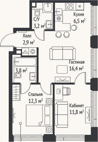 Планировка: 3-к, 56,8 м²