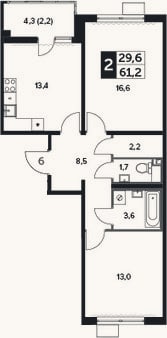 Планировка: 2-к, 59 м²