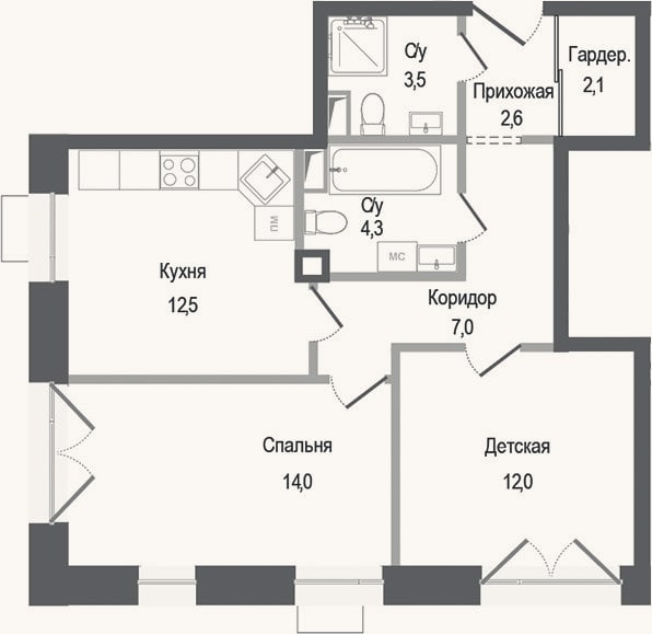 Планировка: 2-к, 58 м²