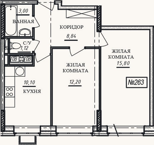 Планировка: 2-к, 51,1 м²