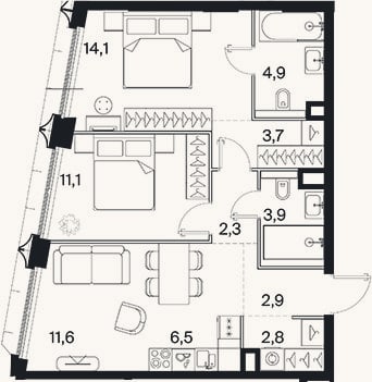 Планировка: 3-к, 63,7 м²