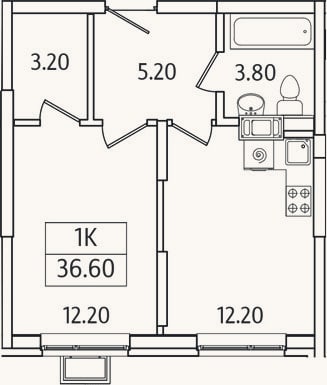 Планировка: 1-к, 36,6 м²