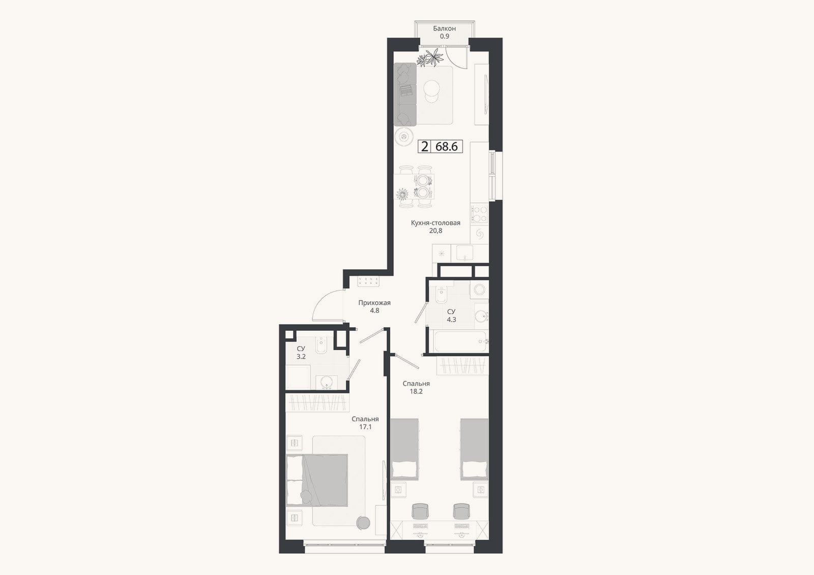 Планировка: 3-к, 68,4 м²