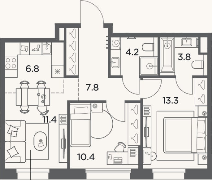 Планировка: 3-к, 57,7 м²