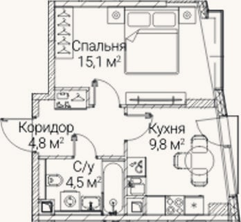 Планировка: 1-к, 34,2 м²