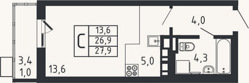 Планировка: Студия, 26,9 м²