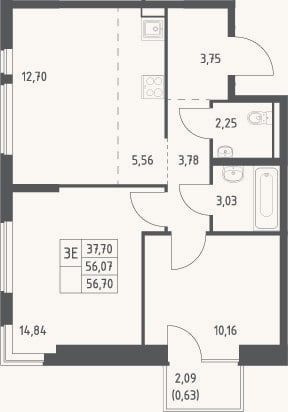 Планировка: 3-к, 56,1 м²