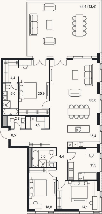 Планировка: 4+ к, 147,3 м²
