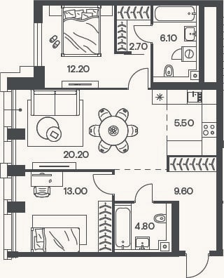 Планировка: 3-к, 74,1 м²